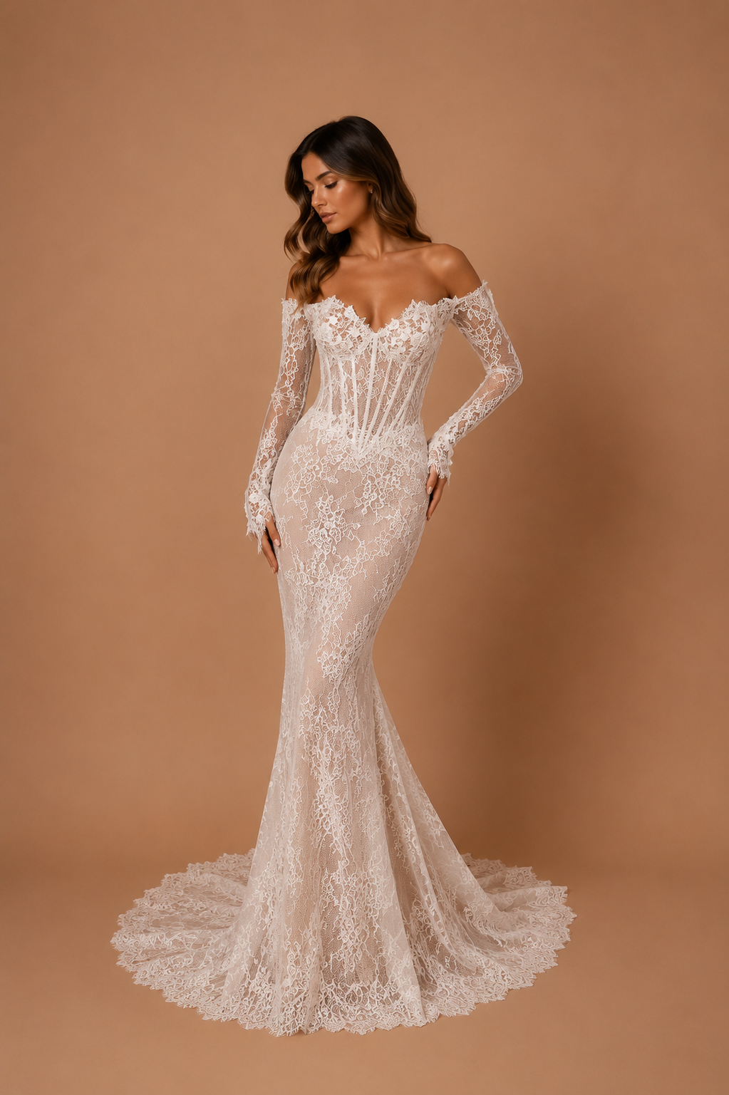 VALERIA | Long Sleeve Lace Corset Mermaid Wedding Gown with Sculpted Neckline and Chapel Train