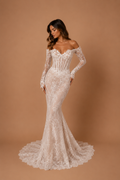 VALERIA | Long Sleeve Lace Corset Mermaid Wedding Gown with Sculpted Neckline and Chapel Train