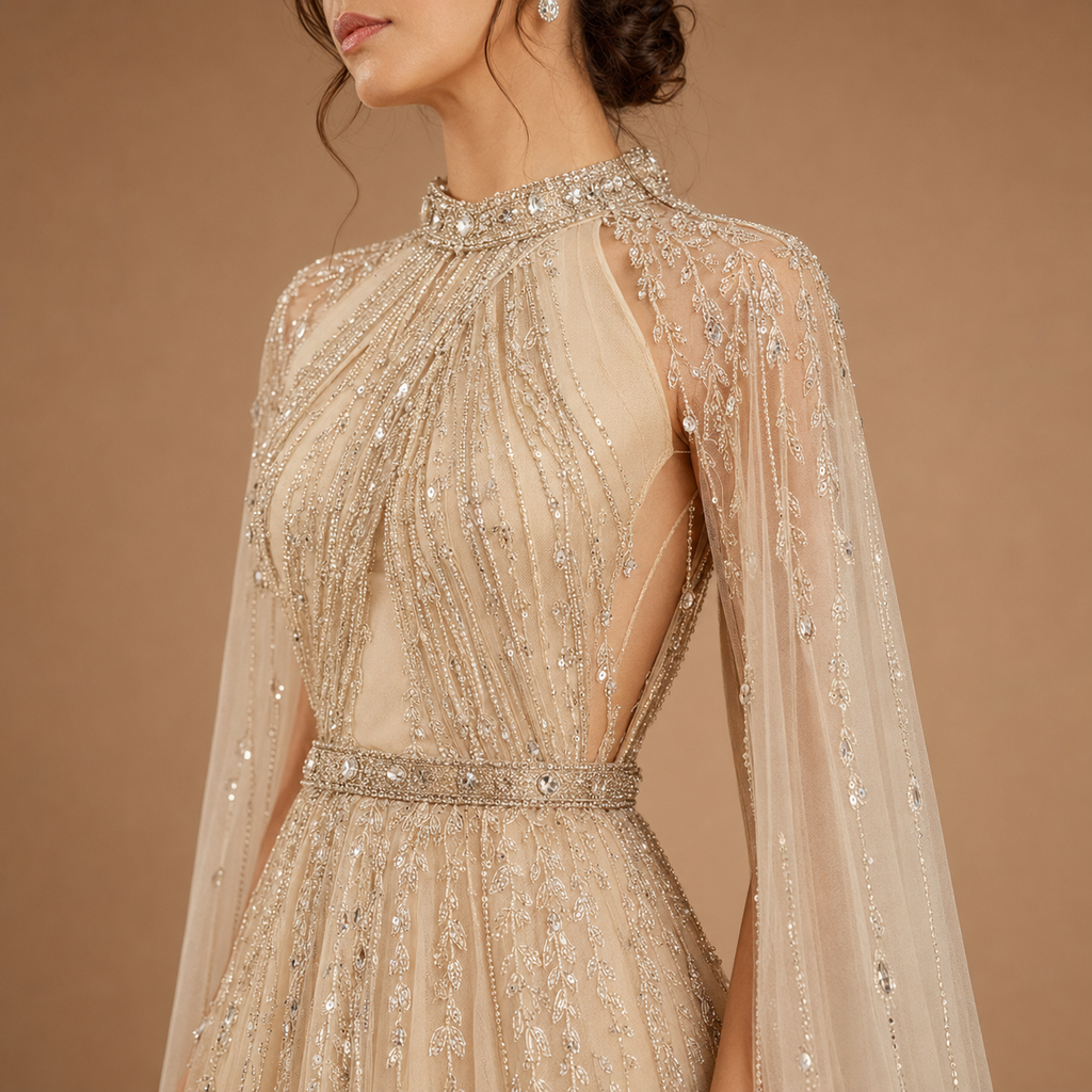 AURELIA | Beaded High Neck Long Sleeve Tulle Evening Gown