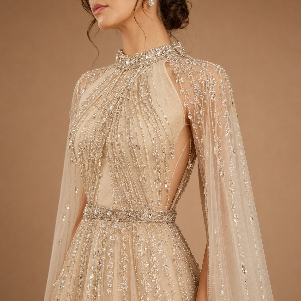 AURELIA | Beaded High Neck Long Sleeve Tulle Evening Gown
