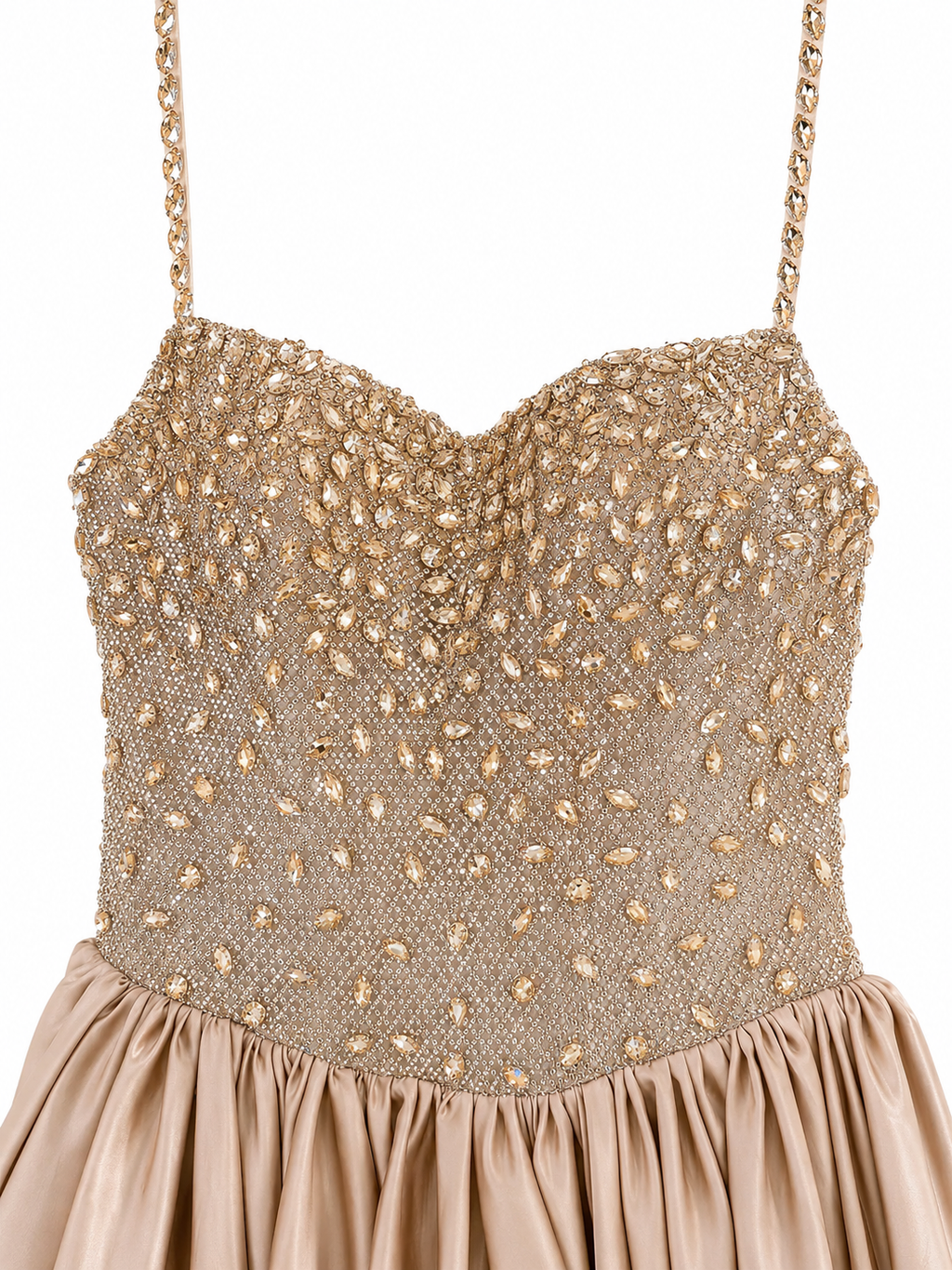 AMARA | Champagne Gold Beaded Halter Satin Ball Gown