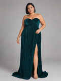 SERENNA | Plus-Size Emerald Strapless Pleated Velvet Evening Gown