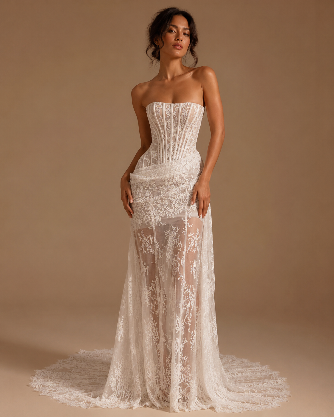 EVANDRA | Strapless Pleated Lace Flower Sheath Wedding Gown with Detachable Train