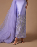 LAVELLE | Lavender Asymmetrical Tulle Drape Beaded Evening Gown