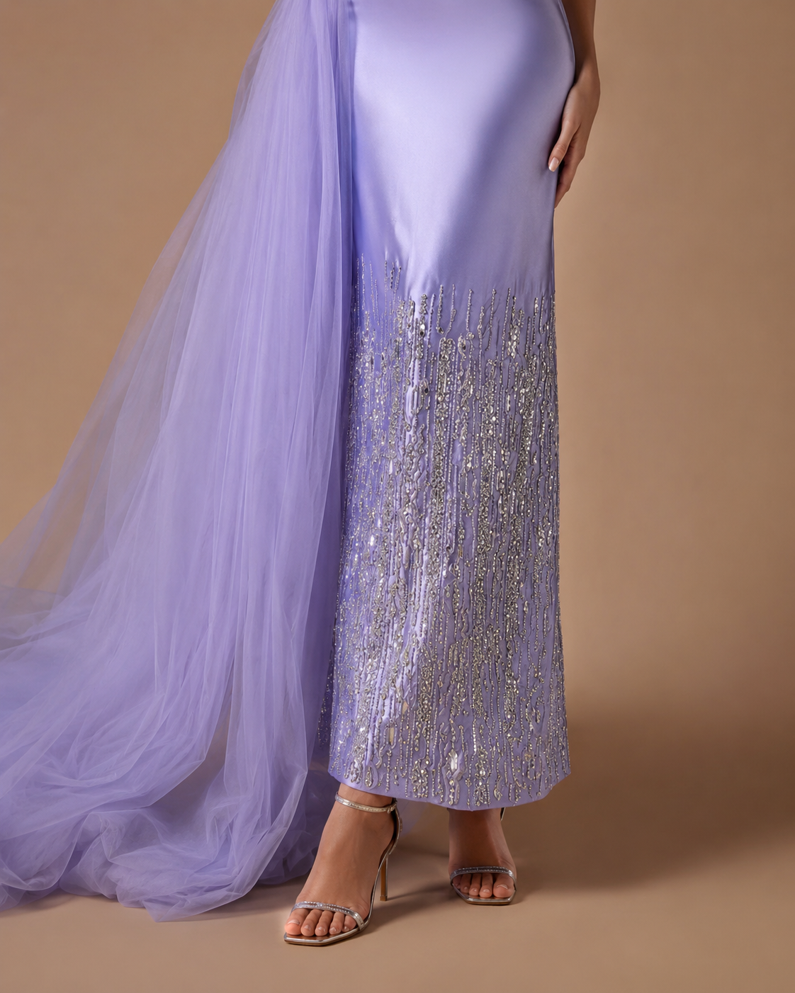 LAVELLE | Lavender Asymmetrical Tulle Drape Beaded Evening Gown
