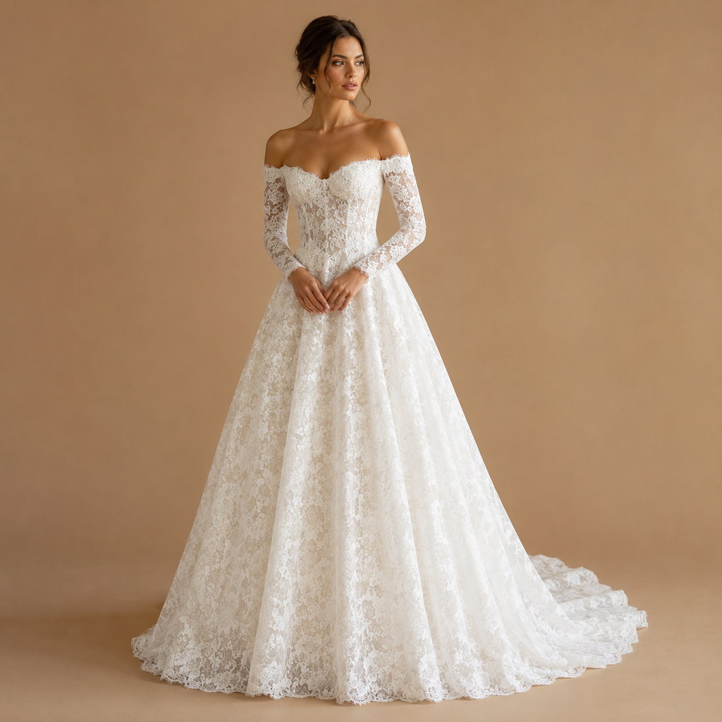 ELOISE | Off-Shoulder Long Sleeve Lace Ball Gown Couture Wedding Dress