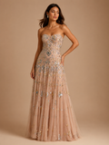 AURELLE | Champagne Sparkly Beaded Strapless Tulle Evening Gown with Crystal Zipper