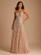 AURELLE | Champagne Sparkly Beaded Strapless Tulle Evening Gown with Crystal Zipper