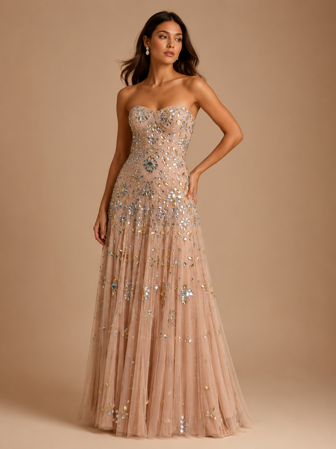 AURELLE | Champagne Sparkly Beaded Strapless Tulle Evening Gown with Crystal Zipper