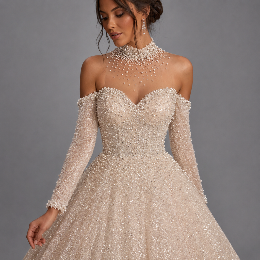ARABELLE | Champagne Beaded Off-Shoulder Ball Gown Wedding Dress