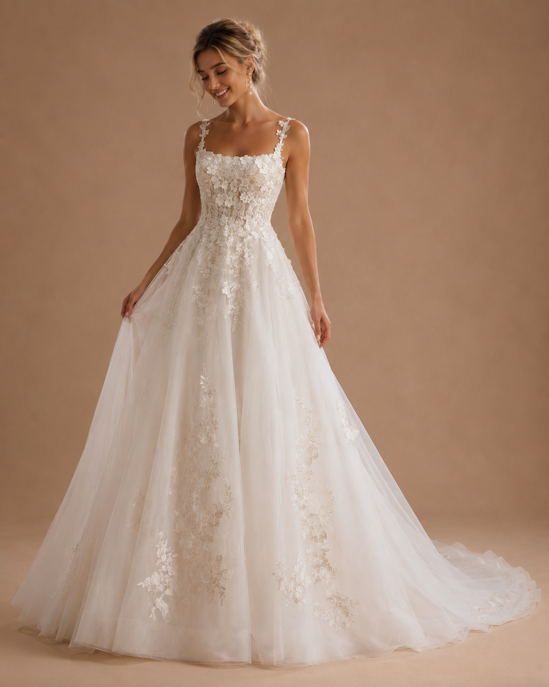 ALINA | Bohemian Square Neck Lace Tulle A-Line Wedding Dress with Spaghetti Straps
