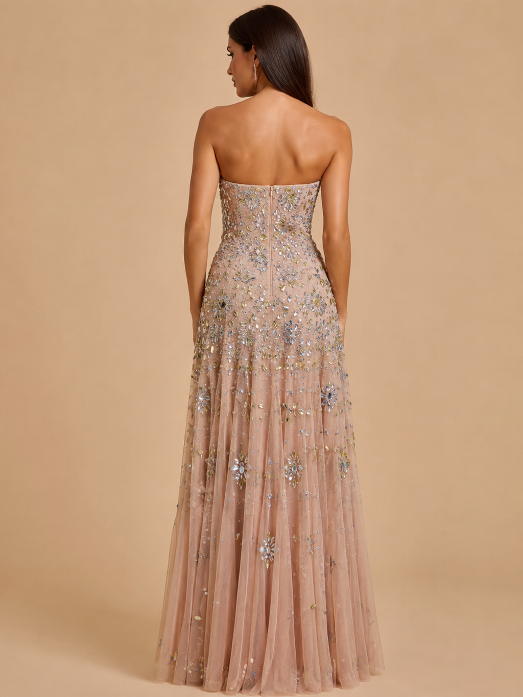 AURELLE | Champagne Sparkly Beaded Strapless Tulle Evening Gown with Crystal Zipper