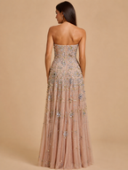 AURELLE | Champagne Sparkly Beaded Strapless Tulle Evening Gown with Crystal Zipper