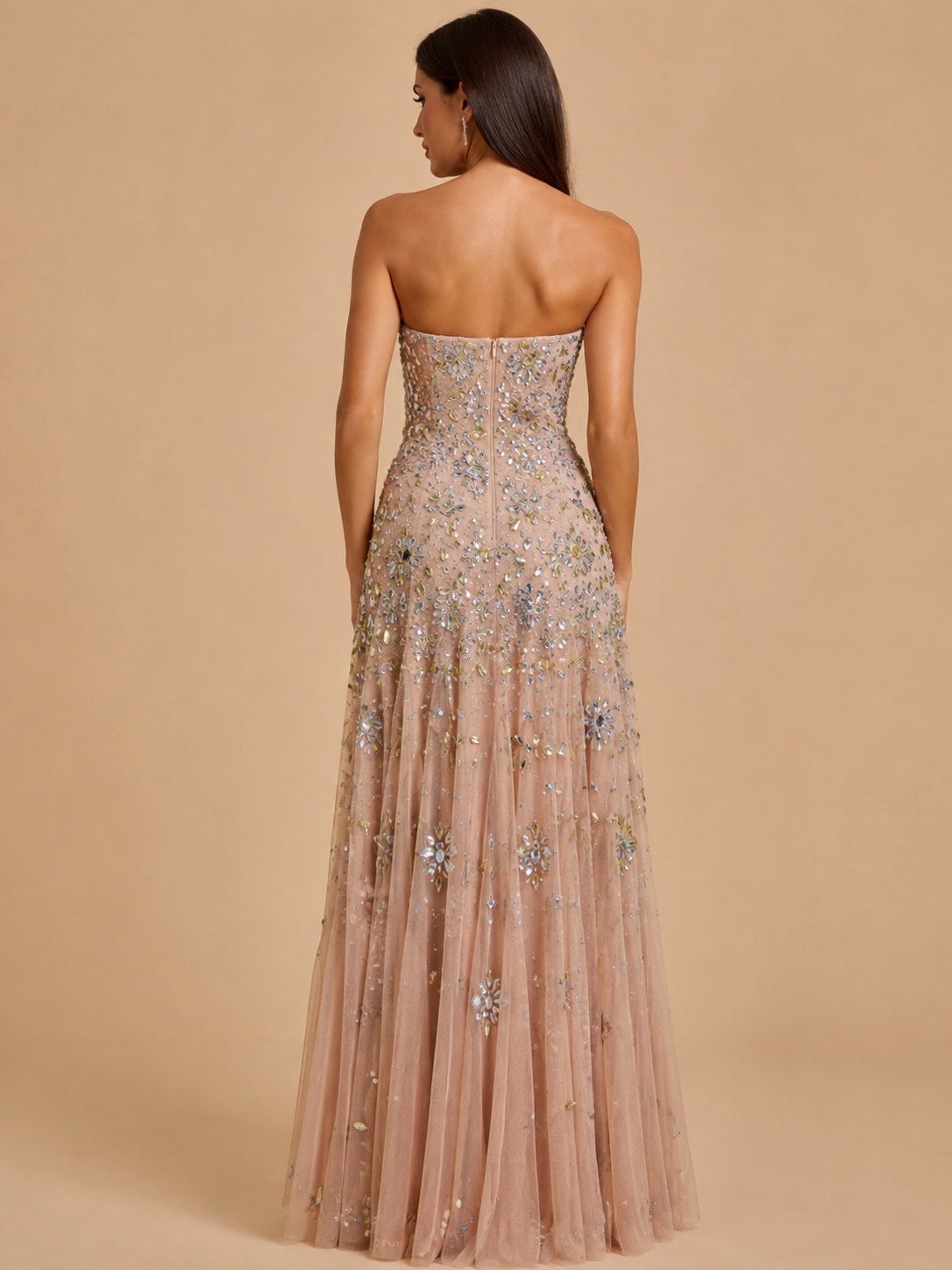 AURELLE | Champagne Sparkly Beaded Strapless Tulle Evening Gown with Crystal Zipper