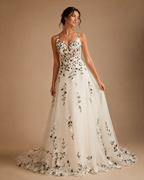 LORINDA | Elegant White Tulle V-Neck Sleeveless Backless A-Line Bridal Gown with Court Train