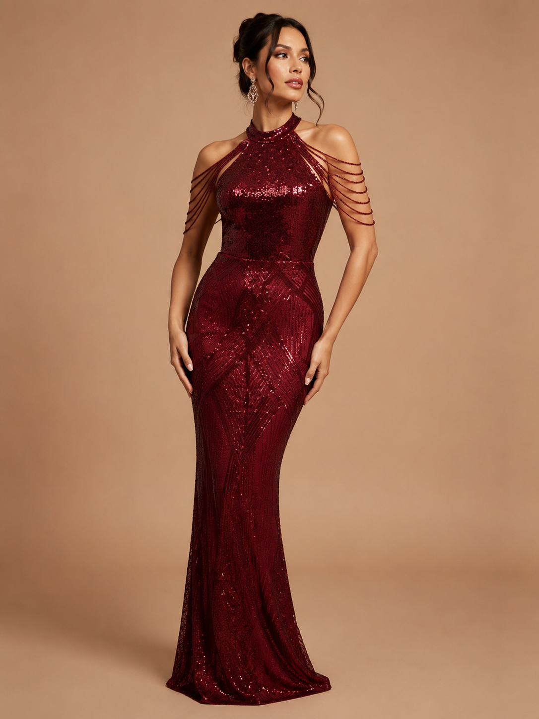 SERENZA | Sequin Halter Cold-Shoulder Beaded Mermaid Formal Evening Gown