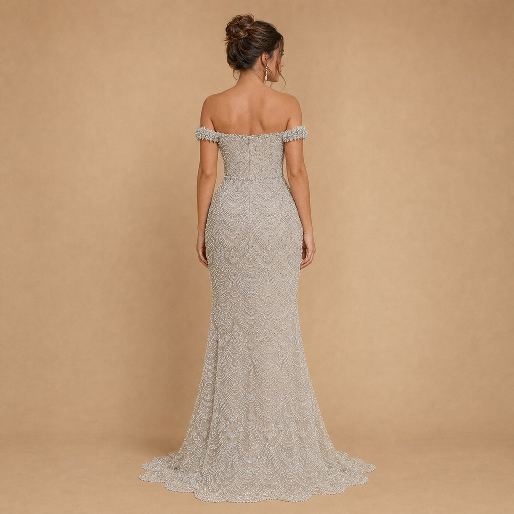 SERELLA | Silver Hand Beaded Off-Shoulder Mermaid Gown