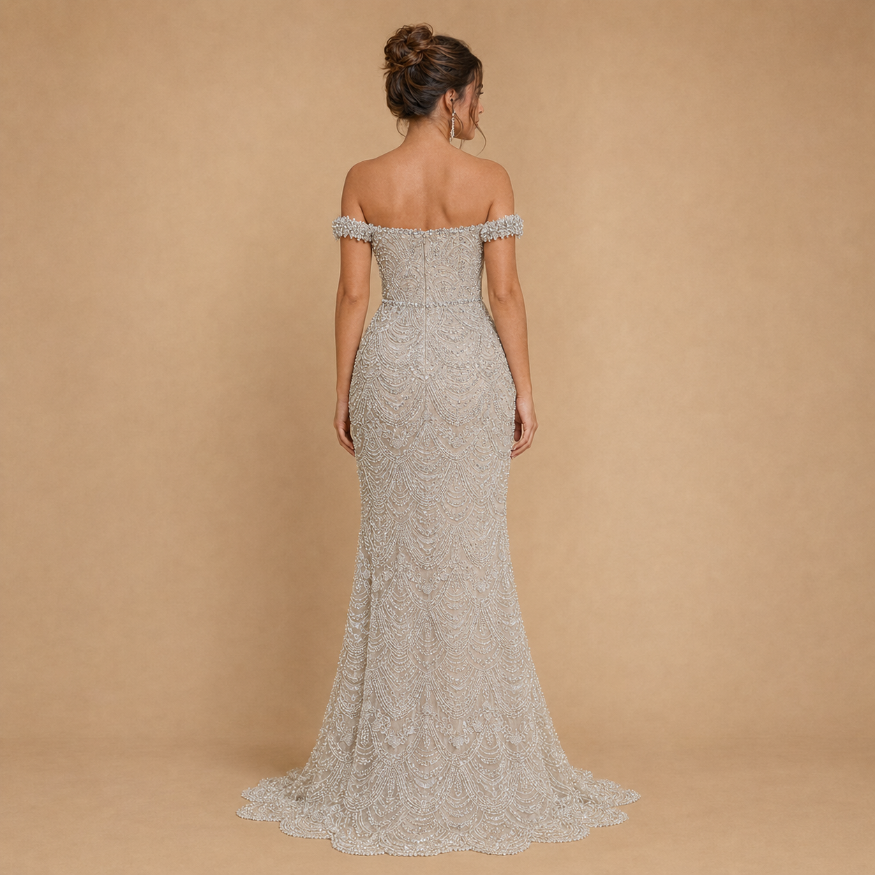 SERELLA | Silver Hand Beaded Off-Shoulder Mermaid Gown