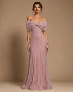 AMARIELLE | Beaded Bow Neck Off-Shoulder Column Evening Gown