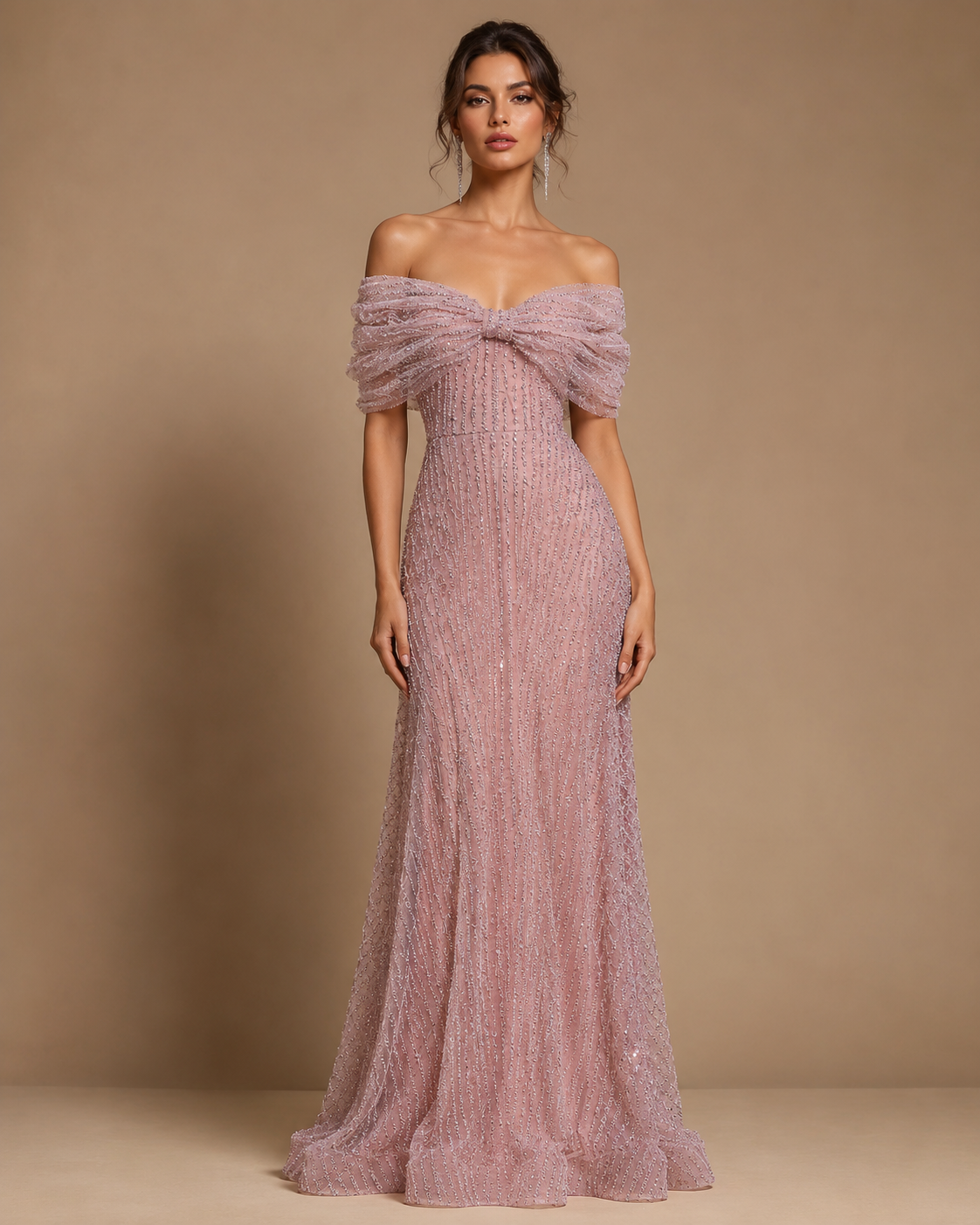 AMARIELLE | Beaded Bow Neck Off-Shoulder Column Evening Gown
