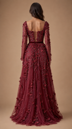 VELORIA | 3D Floral Beaded Long Sleeve A-Line Formal Gown