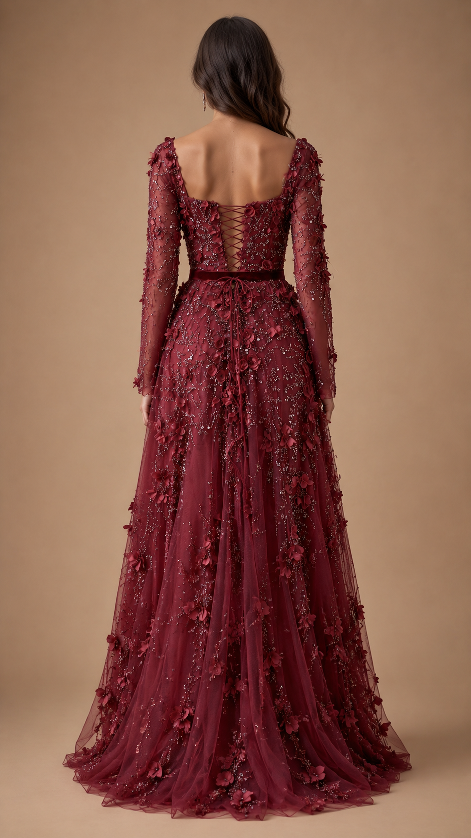 VELORIA | 3D Floral Beaded Long Sleeve A-Line Formal Gown