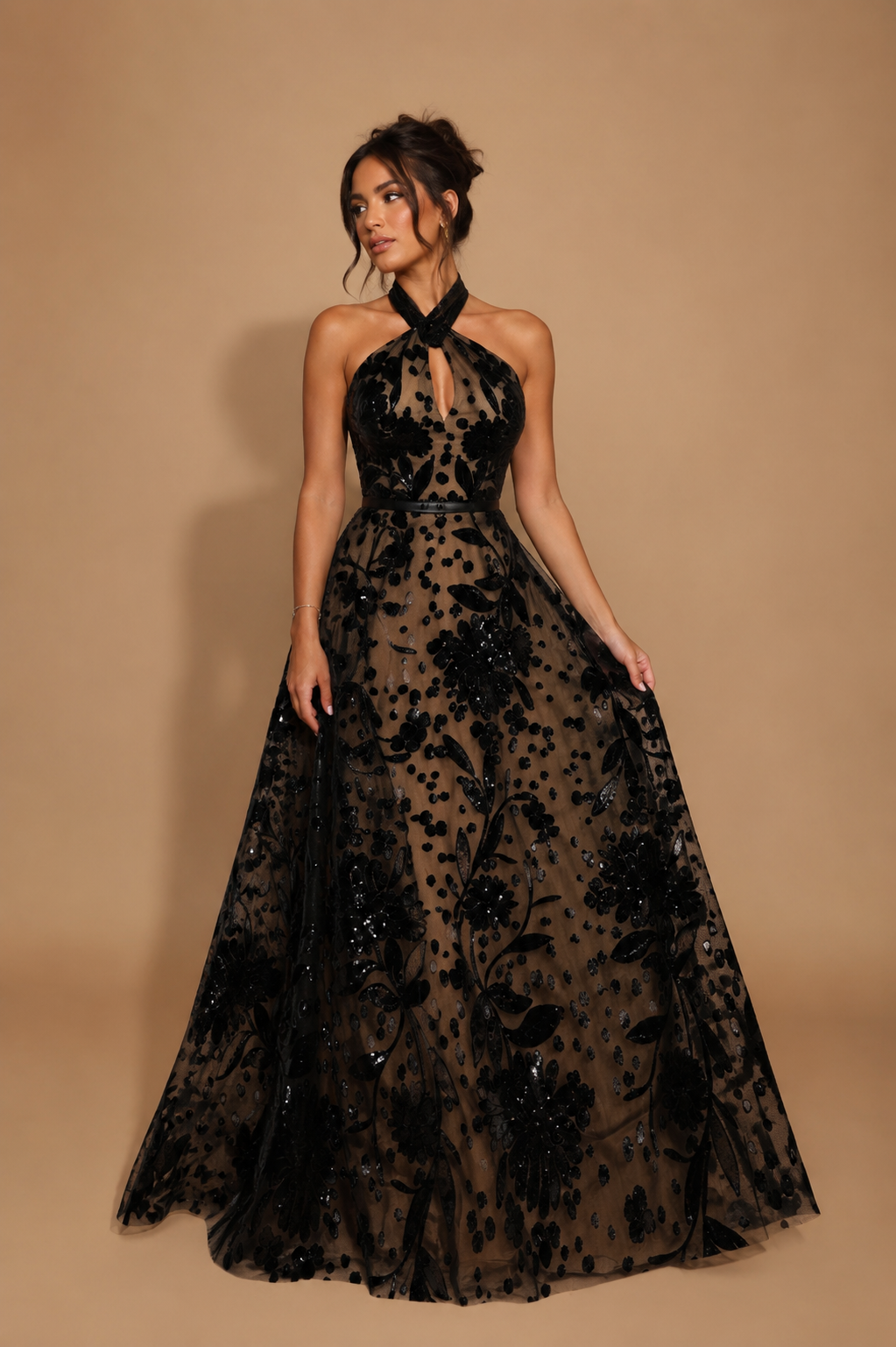 NOIRÉA | Black Sequin Lace Halter A-Line Maxi Gown