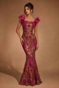 SERAPHINE | Fuchsia & Gold Sequin Ruffle-Sleeve Mermaid Gown