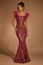 SERAPHINE | Fuchsia & Gold Sequin Ruffle-Sleeve Mermaid Gown