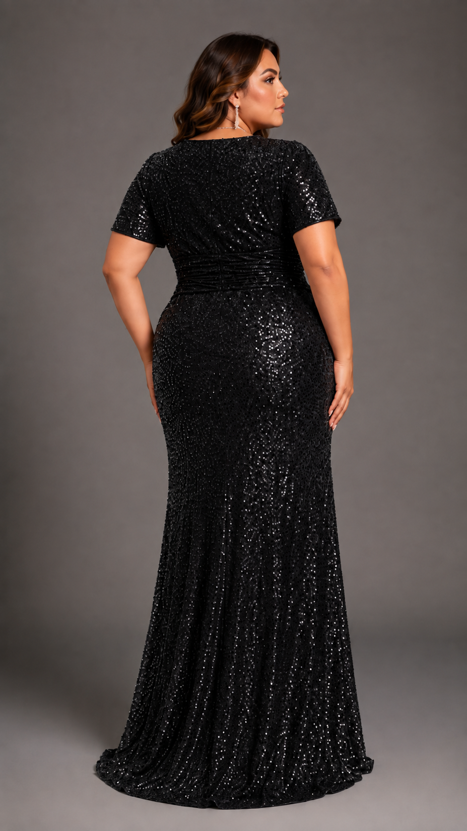 ELARA | Sequin V-Neck Short Sleeve Plus Size Evening Gown