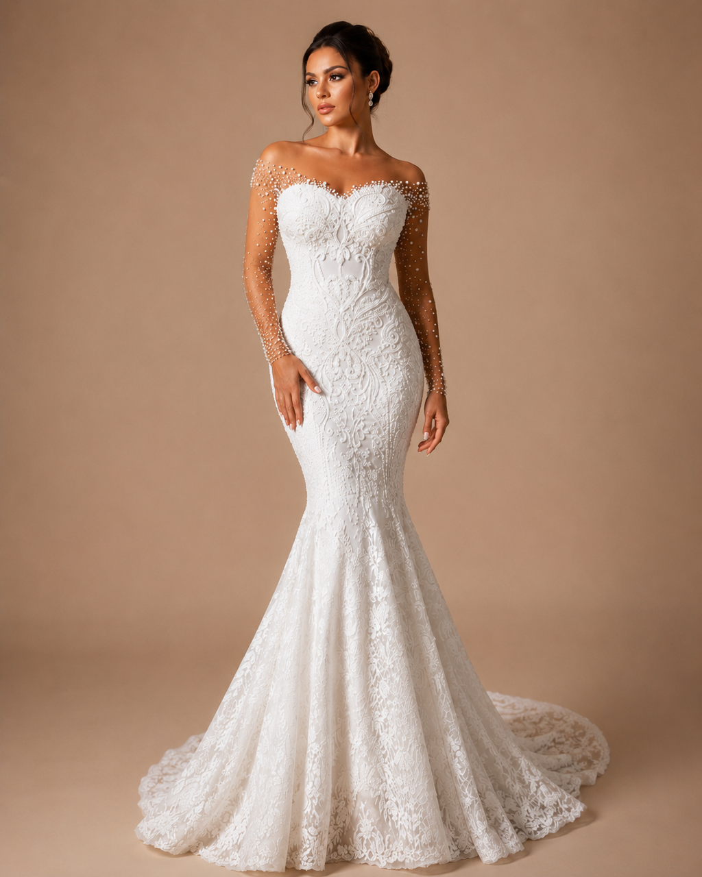 OPHELIA | Beaded Lace Illusion Neck Long Sleeve Mermaid Wedding Dress Bridal Gown