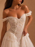 MARIELLA | Off-Shoulder Beaded Lace Corset A-Line Wedding Gown with Draped Pearls and Cathedral Train