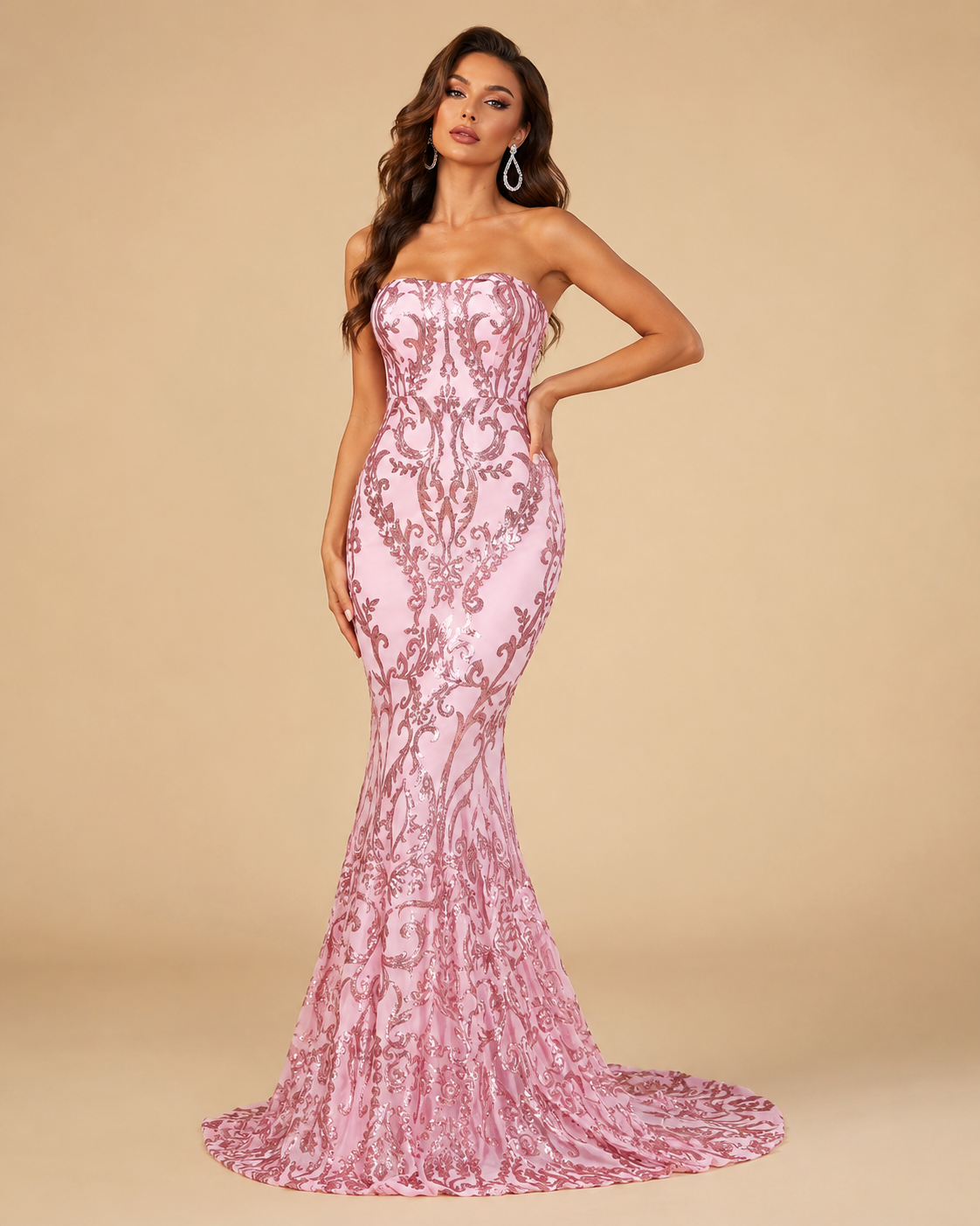 SERENZA | Sequin Strapless Mermaid Evening Gown Gold or Pink Maxi