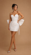 MARISTELLA | Pearl-Beaded Strapless Corset Mini Dress with Sculptural Bow