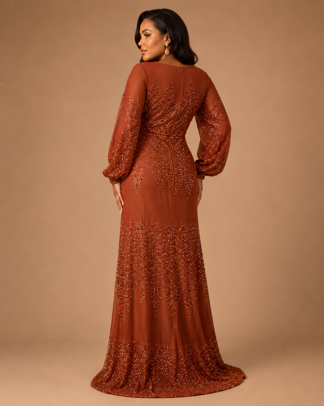 MARZELLA | Plus-Size Rust Sequin Long-Sleeve High-Slit Evening Gown