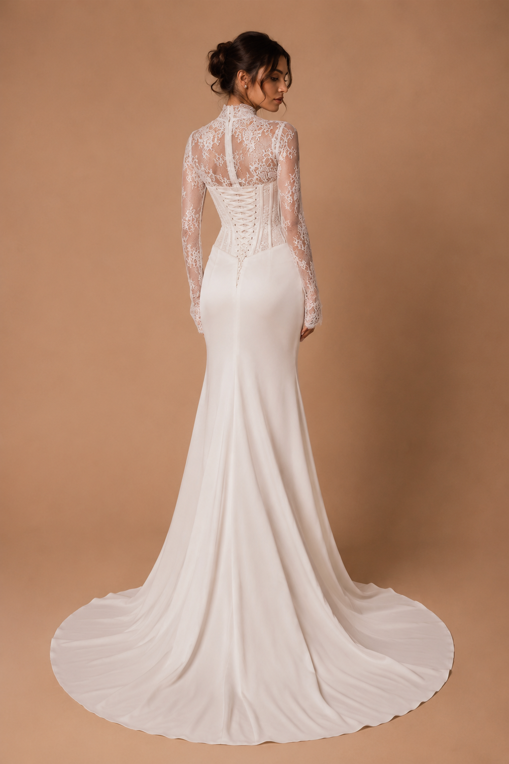 EVANGELINE | High-Neck Lace Corset Long Sleeve Mermaid Wedding Gown with Keyhole Bodice &amp; Draped Satin Skirt