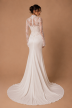 EVANGELINE | High-Neck Lace Corset Long Sleeve Mermaid Wedding Gown with Keyhole Bodice &amp; Draped Satin Skirt