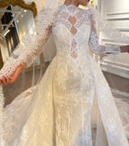 High Neckline Soft Lace Mermaid With Detachable Train Wedding Dress