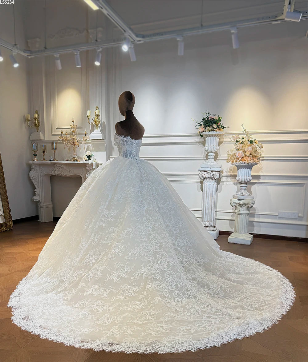 French Lace Ball Gown Wedding Dress With Detachable Straps and Sleeves