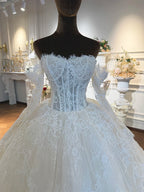 French Lace Ball Gown Wedding Dress With Detachable Straps and Sleeves