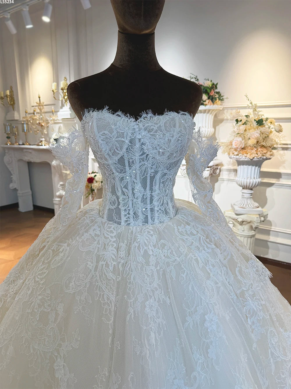 French Lace Ball Gown Wedding Dress With Detachable Straps and Sleeves