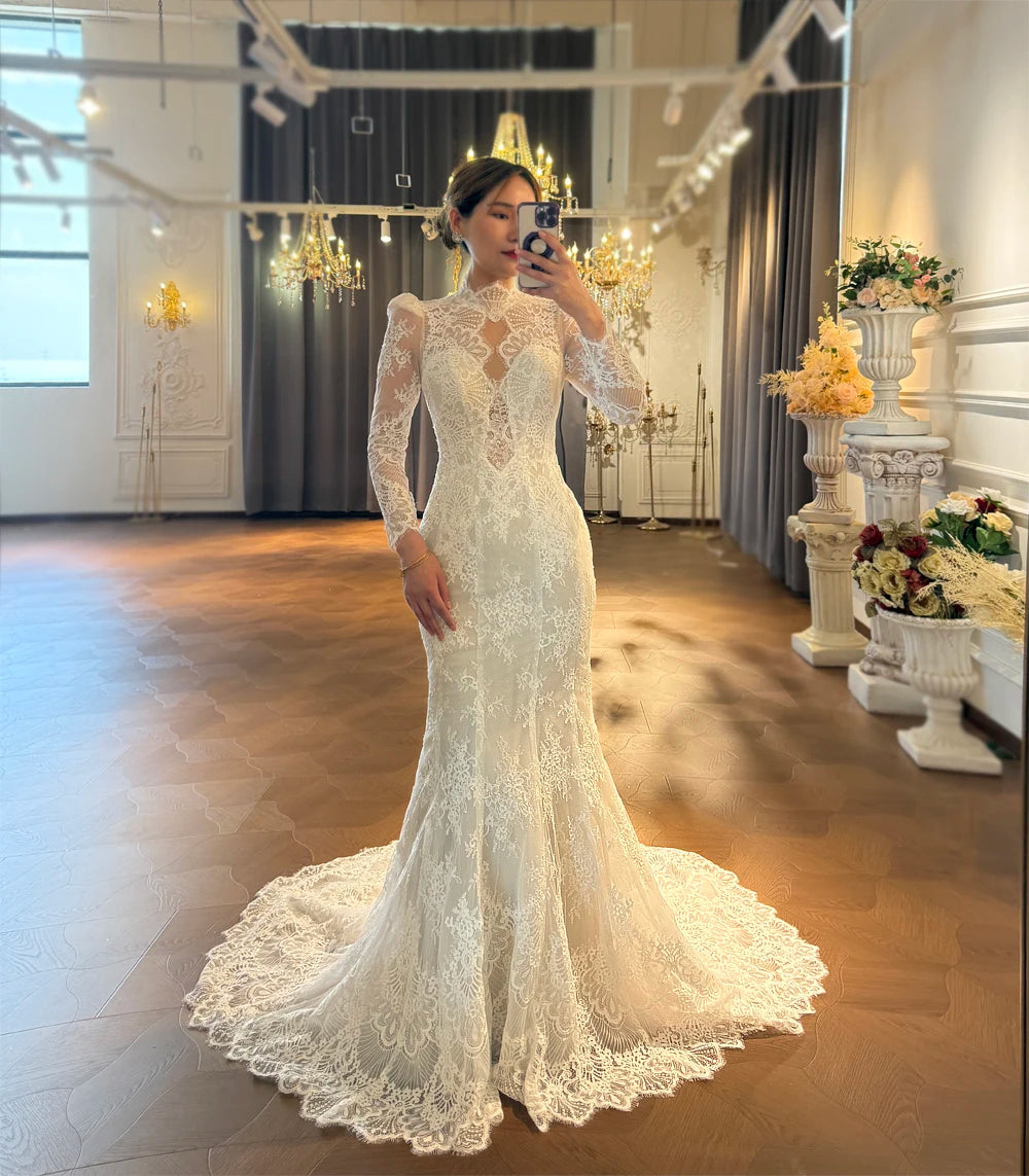 High Neckline Soft Lace Mermaid With Detachable Train Wedding Dress
