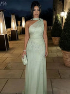 ELARA | Light Green Floral Embroidered One Shoulder A-Line Gown