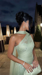 ELARA | Light Green Floral Embroidered One Shoulder A-Line Gown