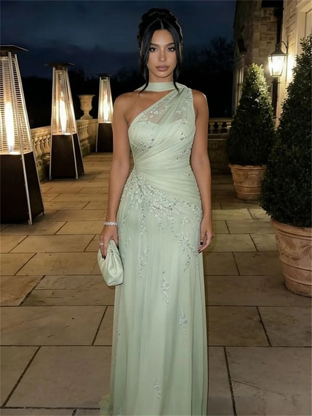 ELARA | Light Green Floral Embroidered One Shoulder A-Line Gown