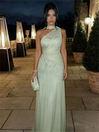 ELARA | Light Green Floral Embroidered One Shoulder A-Line Gown