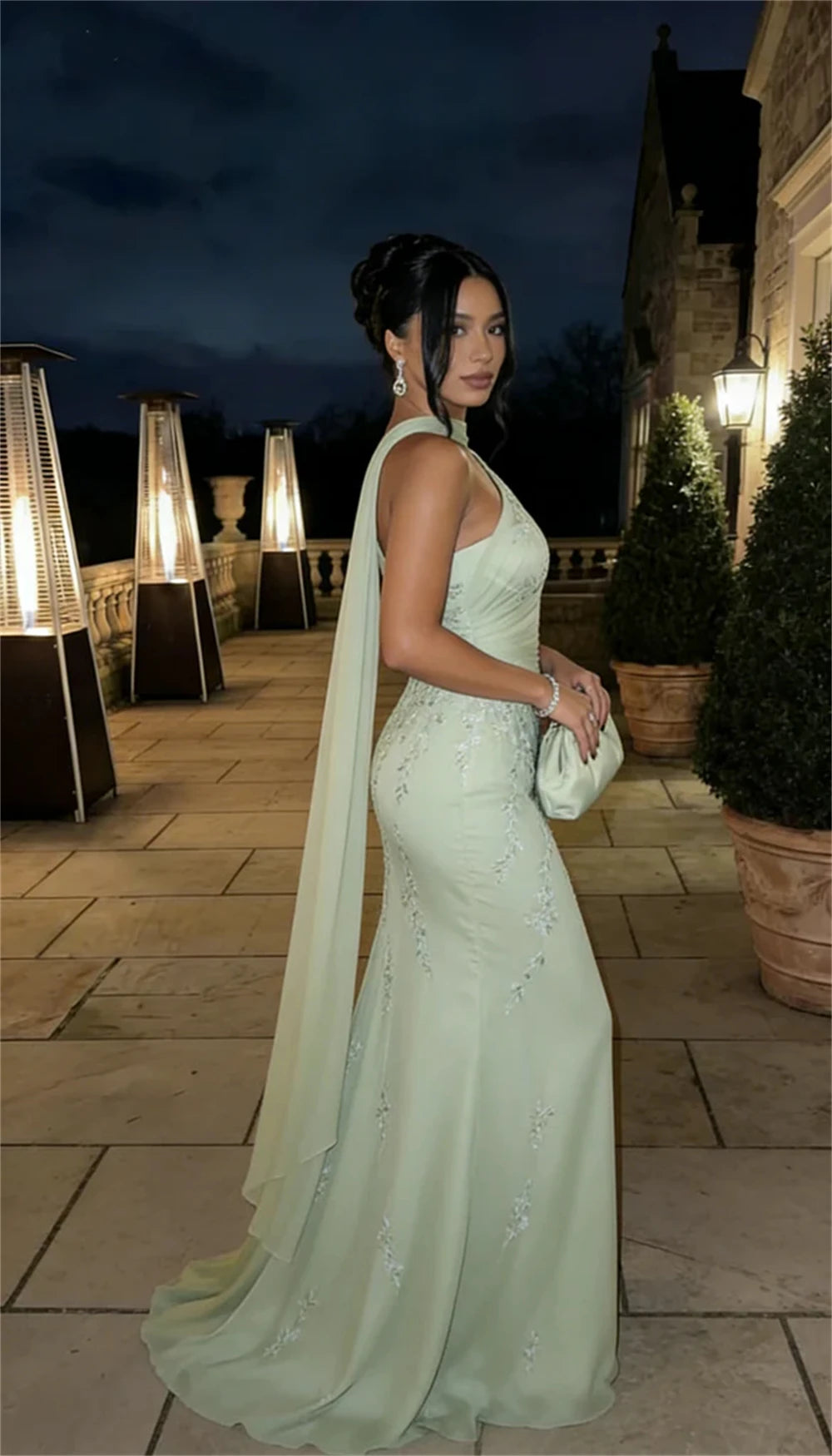 ELARA | Light Green Floral Embroidered One Shoulder A-Line Gown