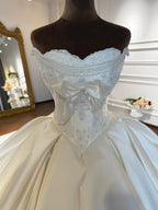 ODESSA | White Satin Off-Shoulder Lace-Sleeve Bow Ball Gown Wedding Dress