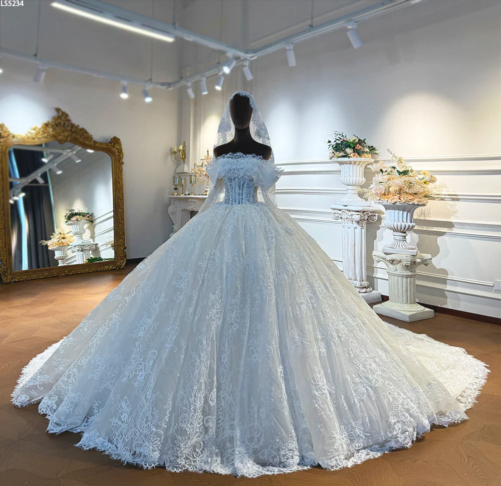 French Lace Ball Gown Wedding Dress With Detachable Straps and Sleeves