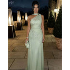 ELARA | Light Green Floral Embroidered One Shoulder A-Line Gown